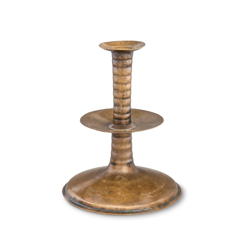 View full screen - View 1 of Lot 229. Important English Cast Brass Mid-Drip 'Trumpet' Circular-Based Candlestick, Dated 1690.