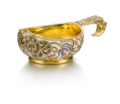 View full screen - View 1 of Lot 271. A small Fabergé silver-gilt and cloisonné enamel kovsh, Moscow, 1899-1908.