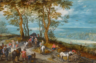View full screen - View 1 of Lot 111. Wooded landscape with a covered wagon and travelers on a path.