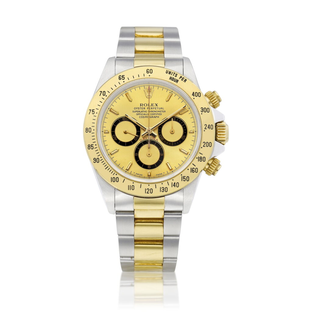 View full screen - View 1 of Lot 8655. Cosmograph Daytona, Reference 16523 | A yellow gold and stainless steel chronograph wristwatch with bracelet, Circa 1998 | 勞力士 | Cosmograph Daytona 型號16523 | 黃金及精鋼計時鏈帶腕錶,約1998年製.