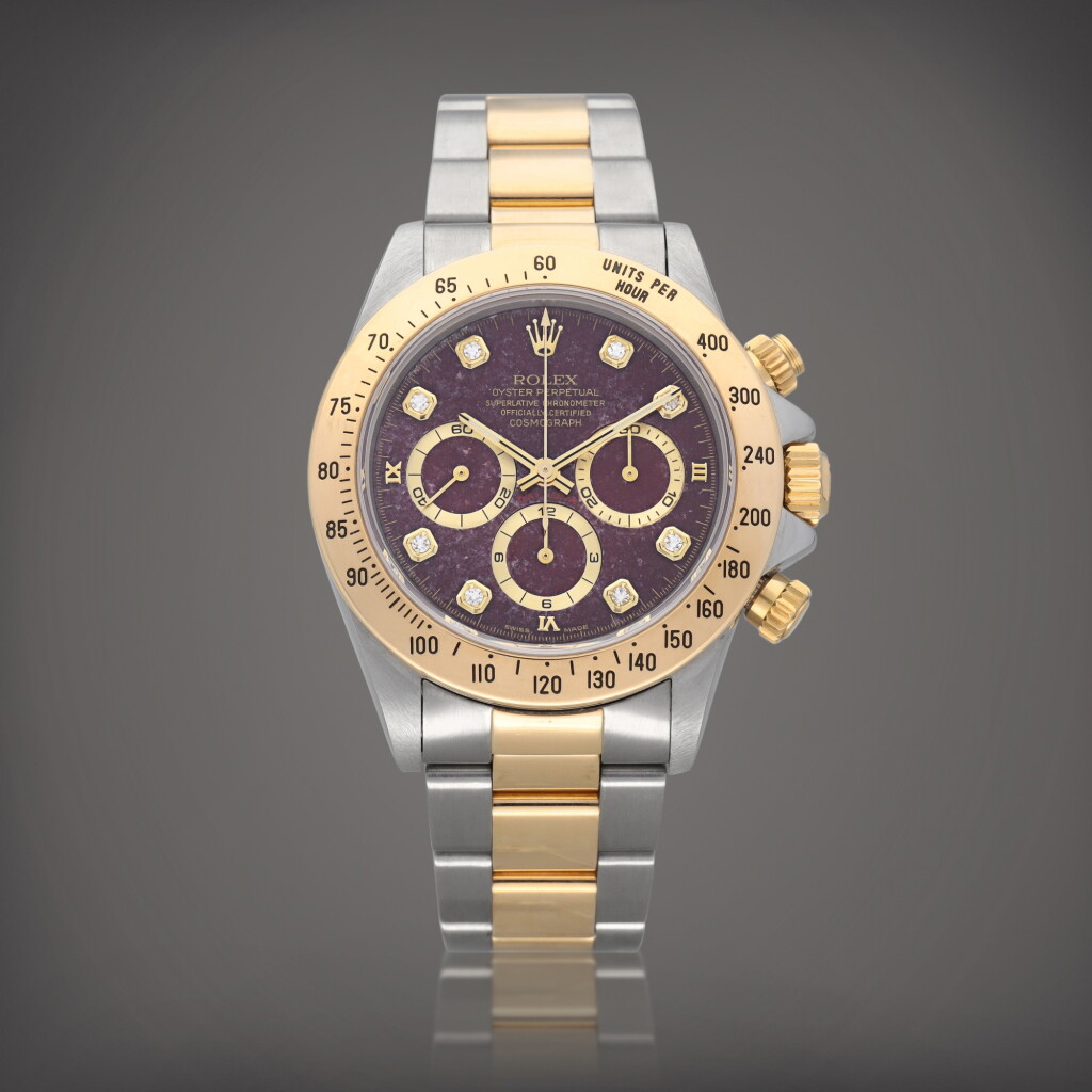 View full screen - View 1 of Lot 39. Daytona 'Zenith', Reference 16523 A possibly unique stainless steel and yellow gold chronograph wristwatch with bracelet and 'Coeur de rubis' and diamond-set dial Circa 1995 | 勞力士 | Daytona 'Zenith' 型號 16523 應為獨一無二精鋼及黃金計時鍊帶腕錶,配 'Cœur de Rubis' 鑽石錶盤,製作年份約 1995.