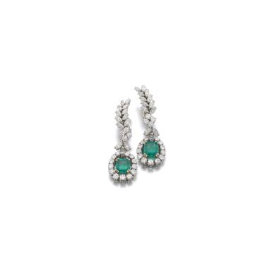 View full screen - View 1 of Lot 269. PAIR OF EMERALD AND DIAMOND EARRINGS.