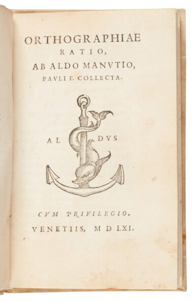 View full screen - View 1 of Lot 120. Aldo Manuzio, Orthographiae ratio, Venice, Aldus, 1561, later vellum.