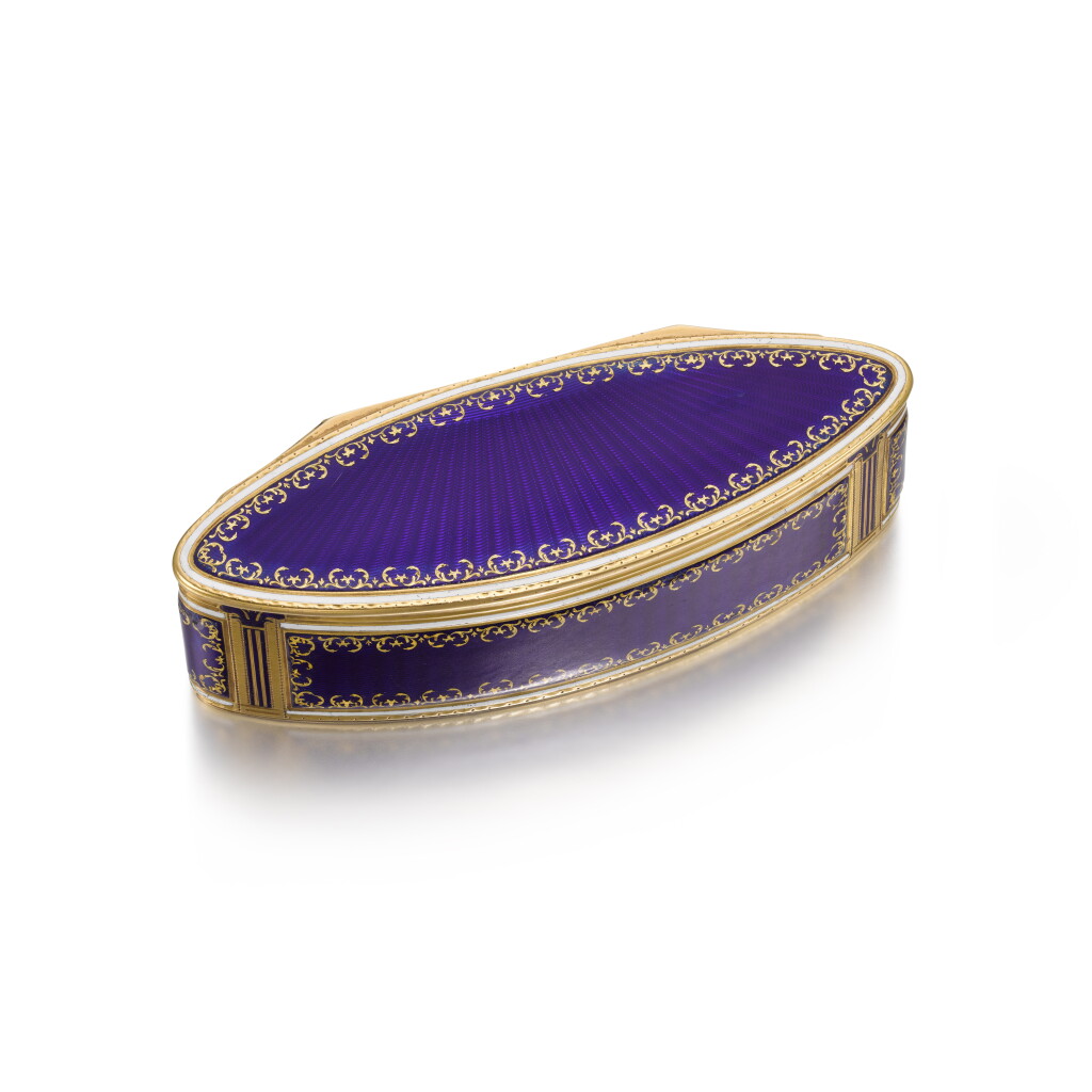View full screen - View 1 of Lot 62. A navette-shaped gold and enamel snuff box, FJ, Hanau, circa 1790.