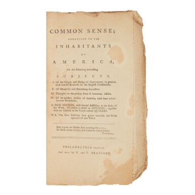 View full screen - View 1 of Lot 361. Paine, Thomas | An as-issued copy of the first expanded edition of Paine's Common Sense, published the month after the first edition.