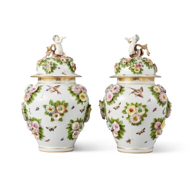 View full screen - View 1 of Lot 135. A Pair of Samson Porcelain Flower-Encrusted Vases and Covers, Circa 1900.