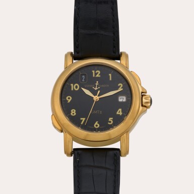 View full screen - View 1 of Lot 46. San Marco GMT, reference 201-22 | A yellow gold jumping hour dual time zone wristwatch with date | circa 1997.