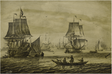 View full screen - View 1 of Lot 28. ADRIAEN VAN SALM | A DUTCH MAN-OF-WAR WITH A FLOTILLA OF FISHING BOATS AND OTHER SHIPS: A PENSCHILDERIJ.
