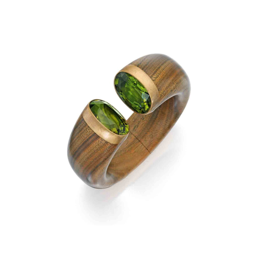 View full screen - View 1 of Lot 209. Brass, Wood, Peridot, and Tourmaline Cuff-Bracelet.