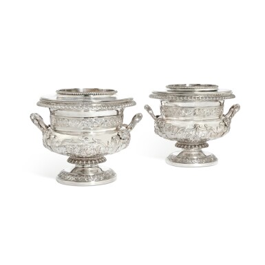 View full screen - View 1 of Lot 204. A pair of George III silver wine coolers John Houle, London, 1814.