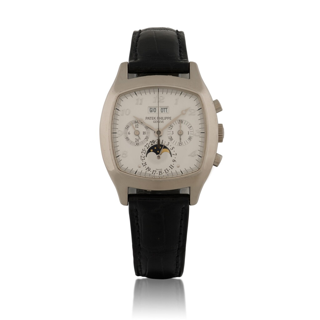 View full screen - View 1 of Lot 87. 'TV Screen', Ref. 5020G, White gold perpetual calendar chronograph wristwatch with moon phases, 24-hour and leap-year indication Made in 1994 | 百達翡麗 | 5020G型號「TV Screen」白金萬年曆計時腕錶備月相、24小時及閏年顯示,1994年製.