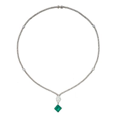 View full screen - View 1 of Lot 56. Emerald and Diamond Pendant-Necklace.
