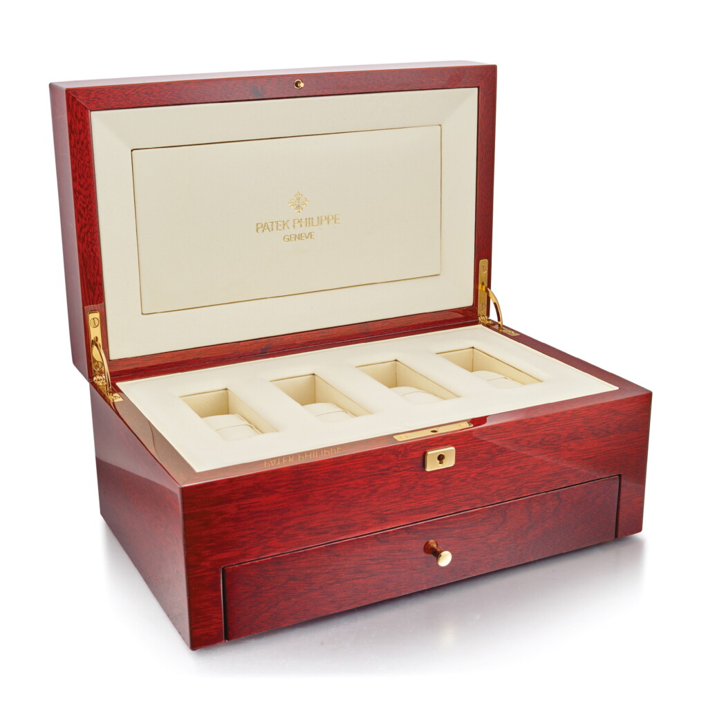 View full screen - View 1 of Lot 2265. PATEK PHILIPPE | A WOODEN PRESENTATION BOX FOR FOUR WATCHES, ORIGINALLY SOLD WITH THE PREVIOUS SET OF REFERENCE 5076 | 百達翡麗 | 木製錶盒,為四枚腕錶而製,原與型號5076系列同售.