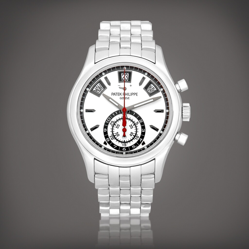 View full screen - View 1 of Lot 2156. Reference 5960 | A stainless steel annual calendar flyback chronograph wristwatch with power reserve, day and night indication and bracelet, Circa 2016 | 百達翡麗 | 型號5960 | 精鋼年曆飛返計時鏈帶腕錶,備動力儲備及晝夜顯示,約2016年製.