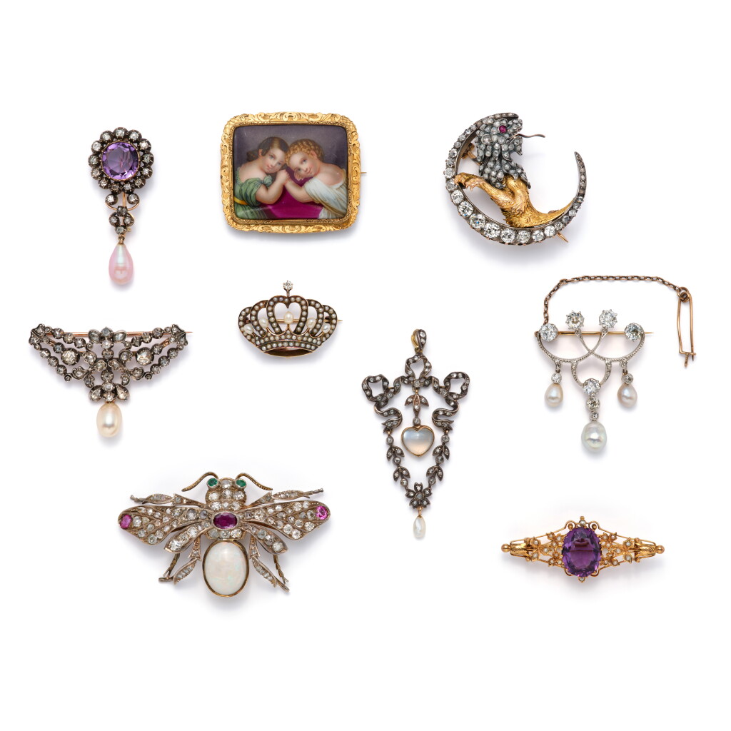 View full screen - View 1 of Lot 28. Collection of gem-set and diamond brooches and a pendant, 19th century to early 20th century.