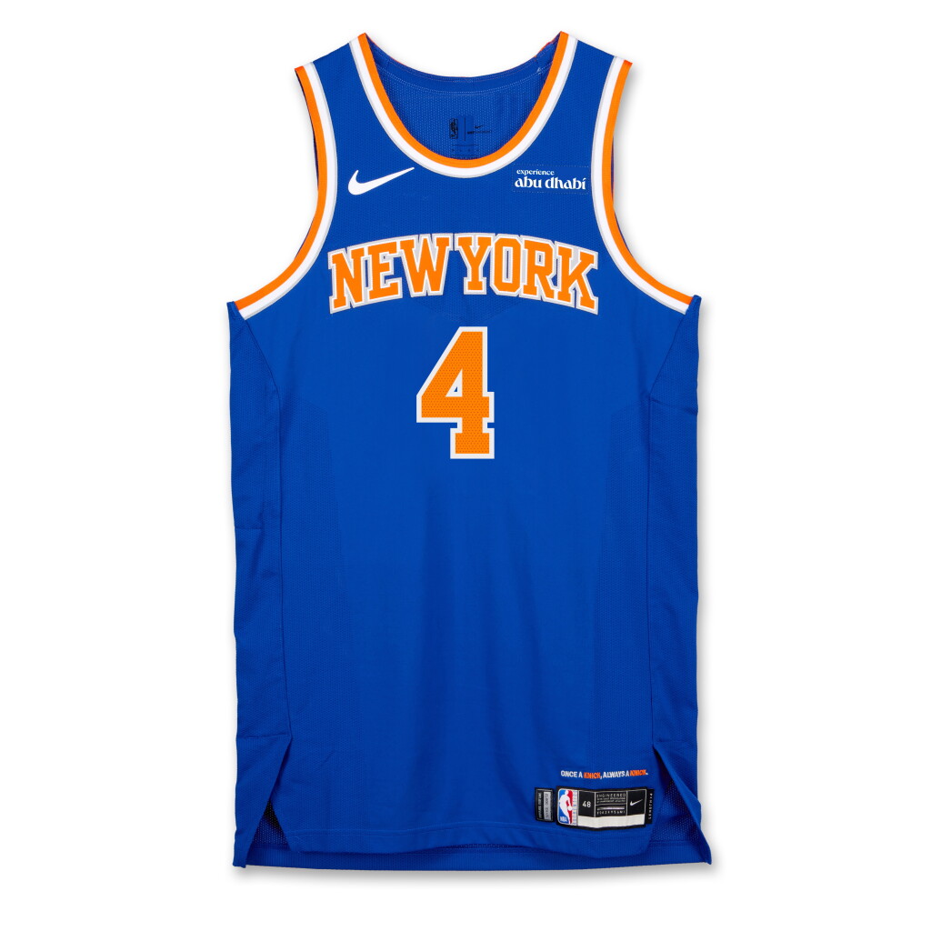 View full screen - View 1 of Lot 20. Pacôme Dadiet ‘Abu Dhabi Games’ New York Knicks 2025-2026 Game Worn Icon Edition Jersey | Matched to 2 Games .