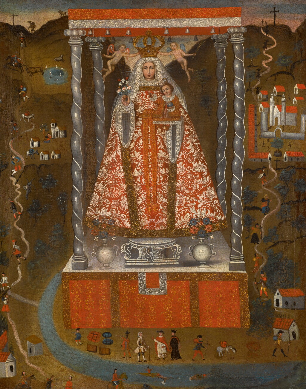 View full screen - View 1 of Lot 90. SPANISH COLONIAL SCHOOL, 18TH CENTURY | MADONNA AND CHILD, SURROUNDED BY A RIVER LANDSCAPE AND FIGURES.
