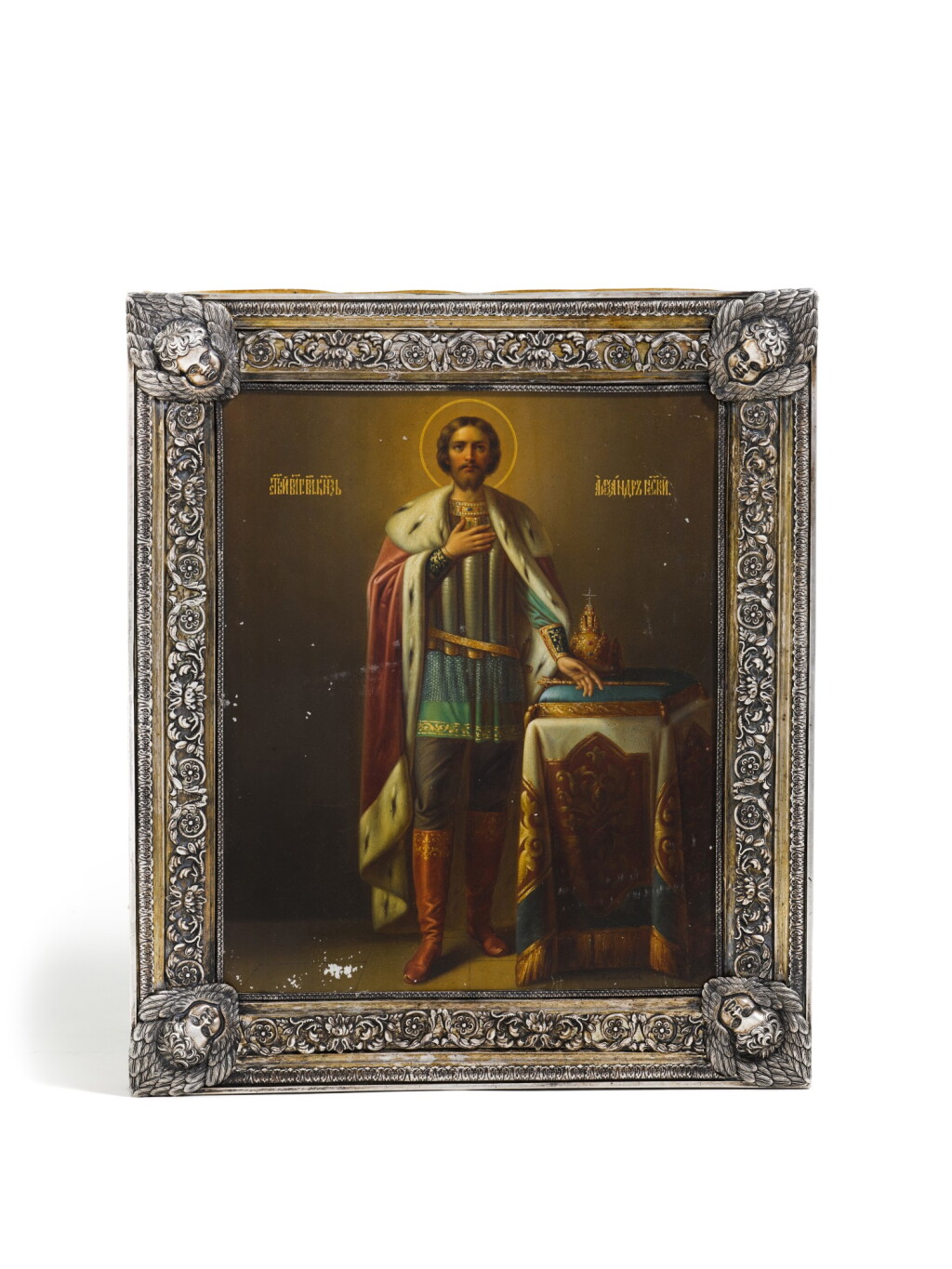View full screen - View 1 of Lot 222. A SILVER ICON OF SAINT ALEXANDER NEVSKY, PAINTED BY FEODOR PLATONOV, THE OKLAD BY GRACHEV, ST PETERSBURG, 1890.