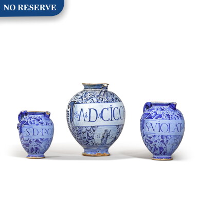 View full screen - View 1 of Lot 6. Three Italian maiolica syrup jars, probably Montelupo or perhaps Venice, circa 1580 and circa 1620.