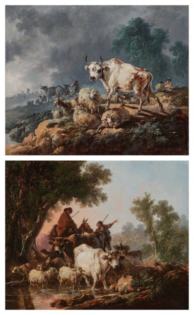 View full screen - View 1 of Lot 563. Shepherds in a stormy landscape with sheep and cattle; Shepherds herding their flock across a stream.