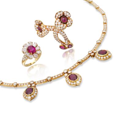 View full screen - View 1 of Lot 193. Ruby and diamond necklace, ring and brooch | Collana, anello e spilla in rubini e diamanti .