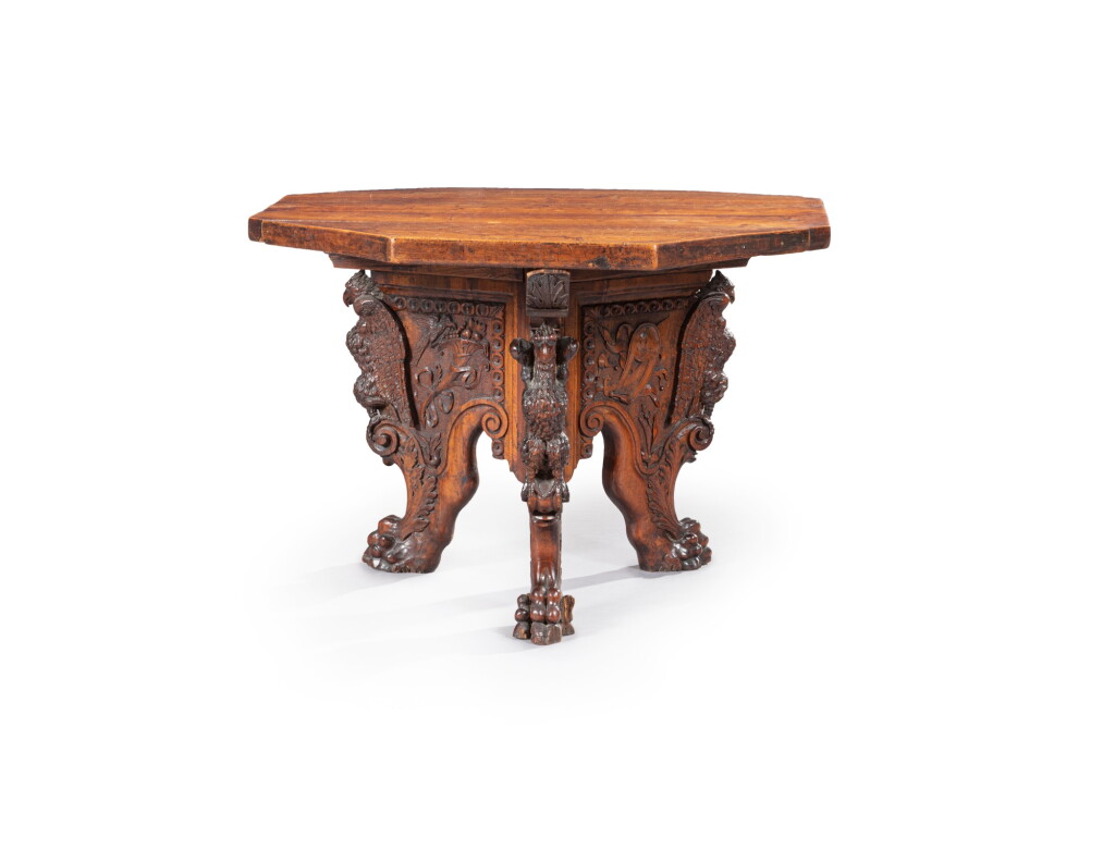View full screen - View 1 of Lot 31. A carved walnut center table, Italian 17th century and later Table en noyer sculpté en partie du XVIIeme siècle, Italie.