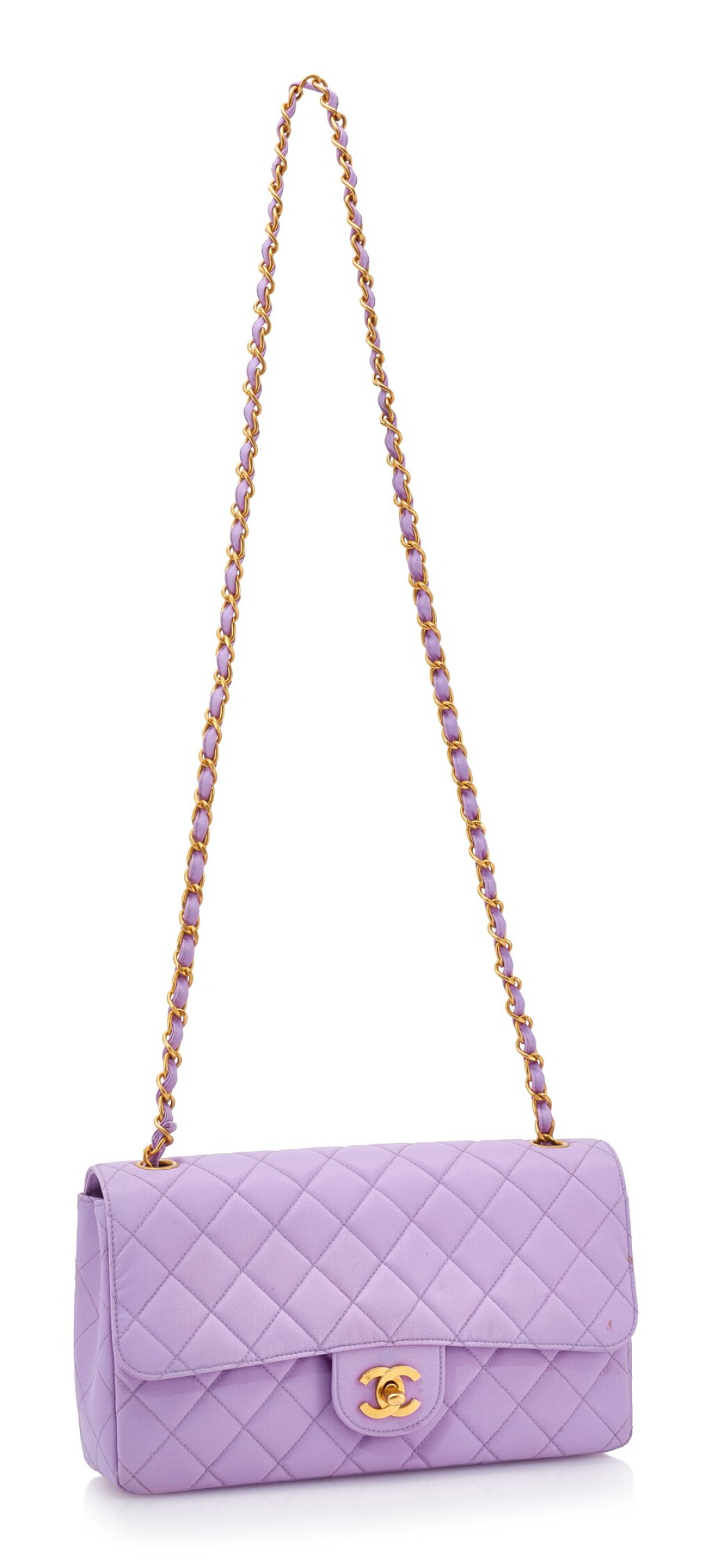 View full screen - View 1 of Lot 146. LILAC TECH FABRIC AND LEATHER WITH GOLD-TONE METAL CLASSIC SHOULDER BAG, CHANEL.
