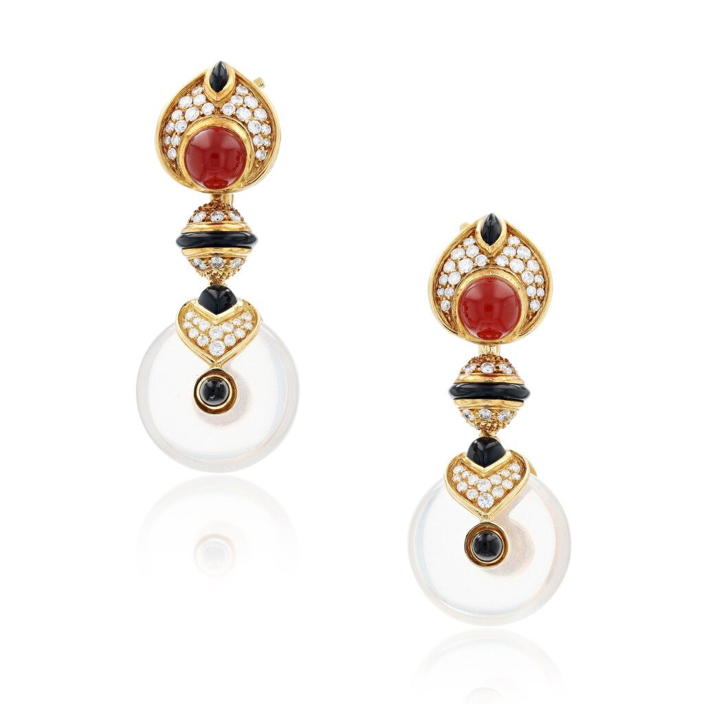 View full screen - View 1 of Lot 233. Pair of rock-crystal, cornaline, onyx and diamonds ear clips 'Pneu' .
