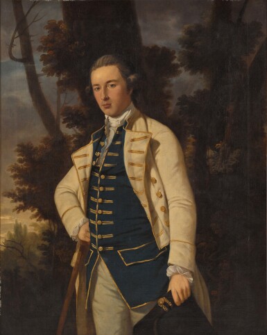 View full screen - View 1 of Lot 79. Portrait of a man, three-quarter-length, wearing a beige jacket with a blue waistcoat and a white neckcloth, in a wooded landscape.