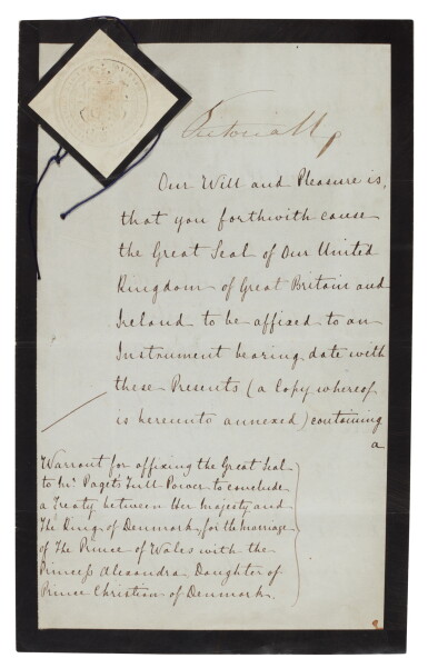 View full screen - View 1 of Lot 27. Queen Victoria | Document signed, warrant to negotiate the marriage of the Prince of Wales, 7 November 1862.