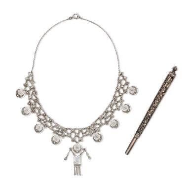 View full screen - View 1 of Lot 46. A Bezalel Silver Filigree Pen and Necklace, Jerusalem, both retailed in Warsaw, circa 1910.