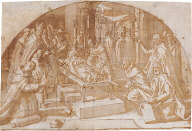 View full screen - View 1 of Lot 81. Design for a lunette: Death of a saint.