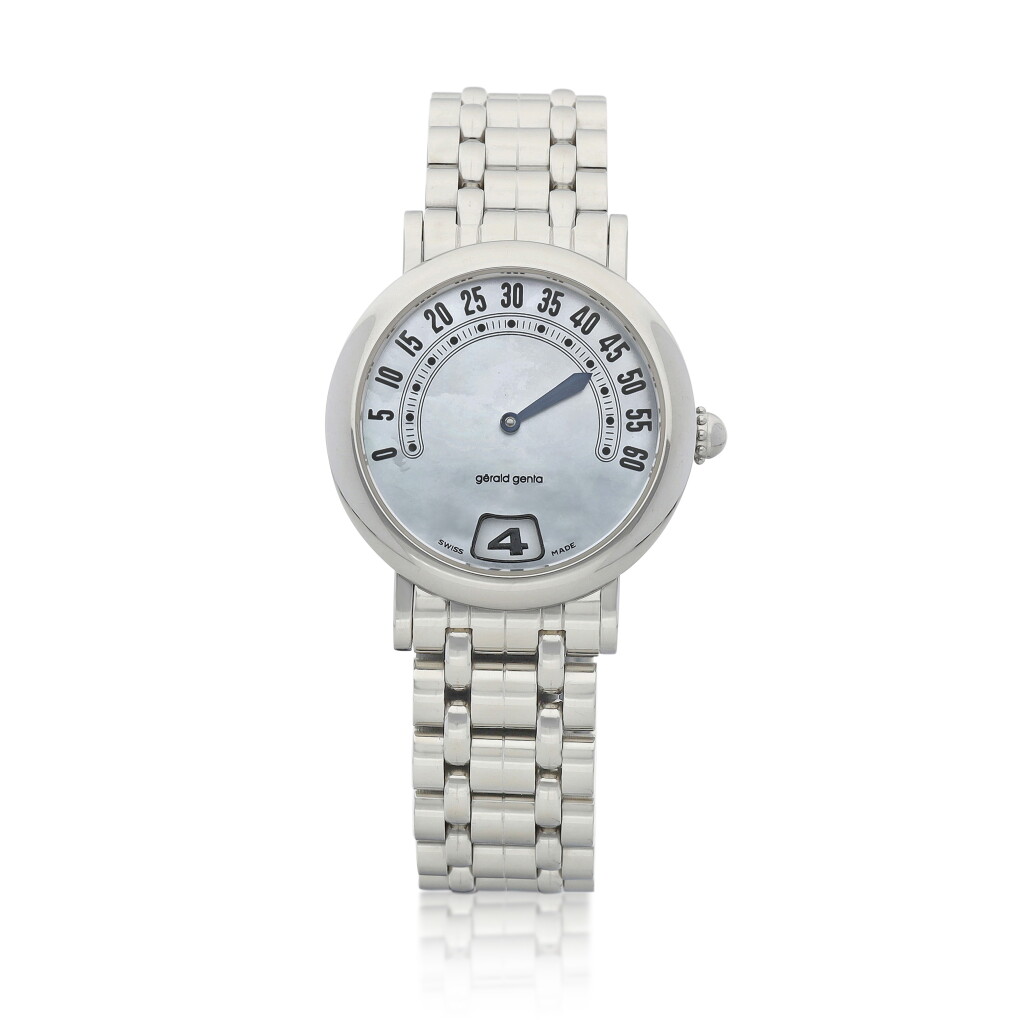 View full screen - View 1 of Lot 8193. Retro, Reference G.3642 | A stainless steel jumping hour wristwatch with retrograde minutes, mother-of-pearl dial and bracelet, Circa 2000 | Retro 型號G.3642 | 精鋼跳時鏈帶腕錶,備逆跳分鐘及珠母貝錶盤,約2000年製.