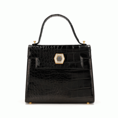 View full screen - View 1 of Lot 160. Black Shiny Alligator Medusa Top-Handle Bag Gold Hardware.
