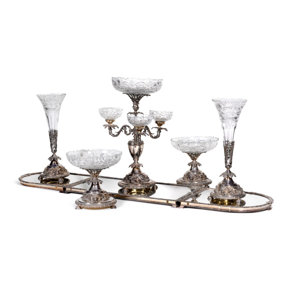 View full screen - View 1 of Lot 68. A VICTORIAN SILVER-PLATED AND CUT-GLASS SURTOUT DE TABLE, MARKS OF JOHN TURTON & CO AND JOSEPH RODGERS & SONS, SHEFFIELD CIRCA 1900.