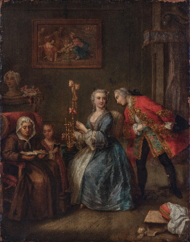View full screen - View 1 of Lot 517. Elegant Company with a Young Woman Spinning in an Interior.