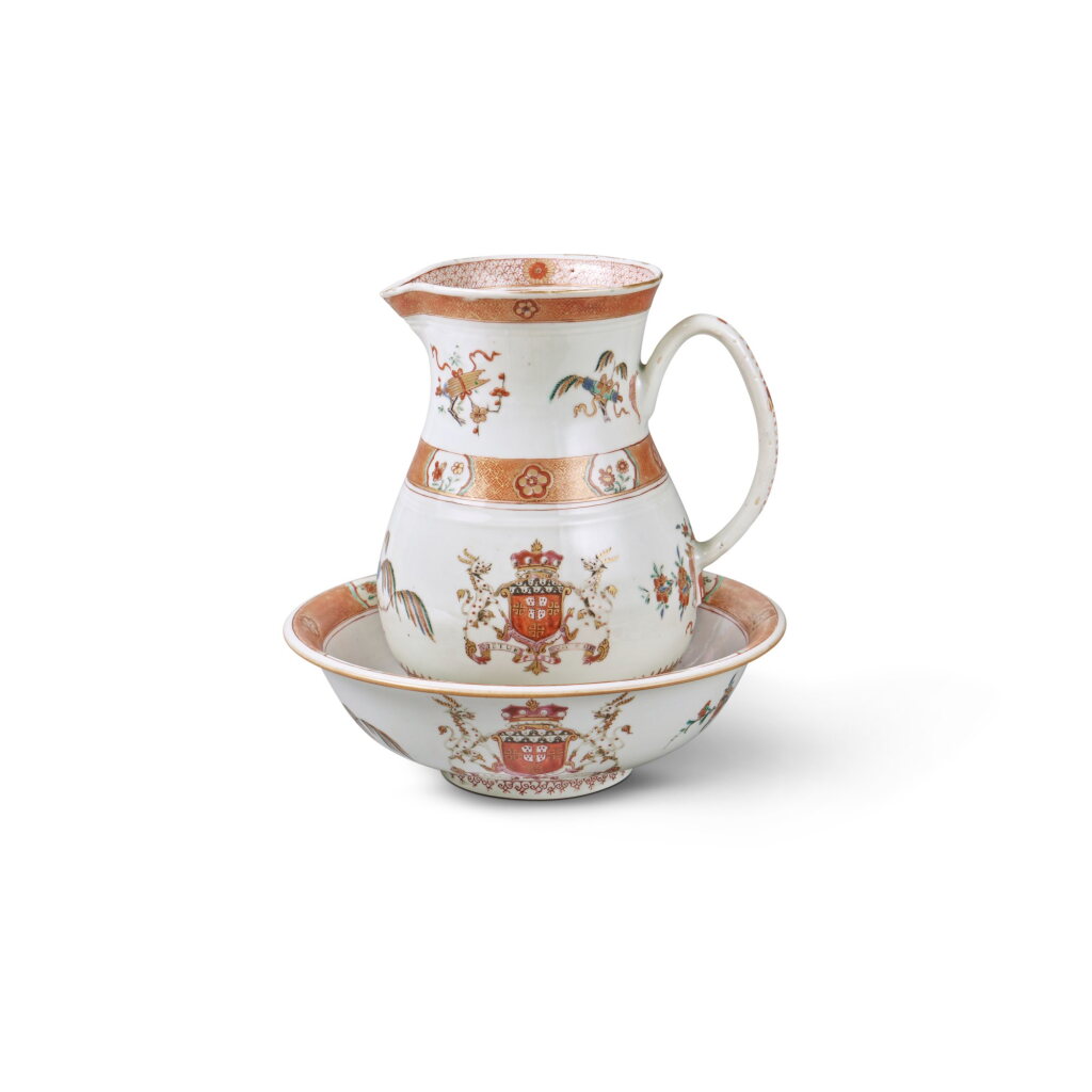 View full screen - View 1 of Lot 672. A Rare Chinese Export Armorial Pitcher and Basin, Qing Dynasty, Kangxi Period, Circa 1720.