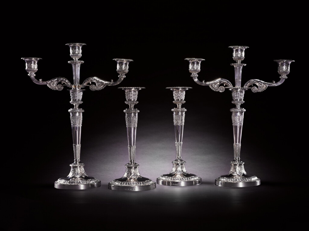 View full screen - View 1 of Lot 21. A suite of silver candelabra and candlesticks, Paul Storr of Storr & Co. for Rundell, Bridge & Rundell, London, 1816.