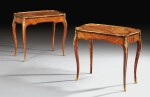 A GILT-BRONZE MOUNTED TULIPWOOD VENEERED KINGWOOD AND AMARANTH MARQUETRY WRITING TABLE, LOUIS XV, TOGETHER WITH A LATE 19TH CENTURY TABLE ENSUITE | TABLE À ÉCRIRE EN PLACAGE DE BOIS DE ROSE, BOIS DE VIOLETTE, AMARANTE, MARQUETERIE DE BOIS DE BOUT ET BRONZE DORÉ D'ÉPOQUE LOUIS XV, AVEC UNE TABLE EN SUITE DE LA FIN DU XIXE SIÈCLE