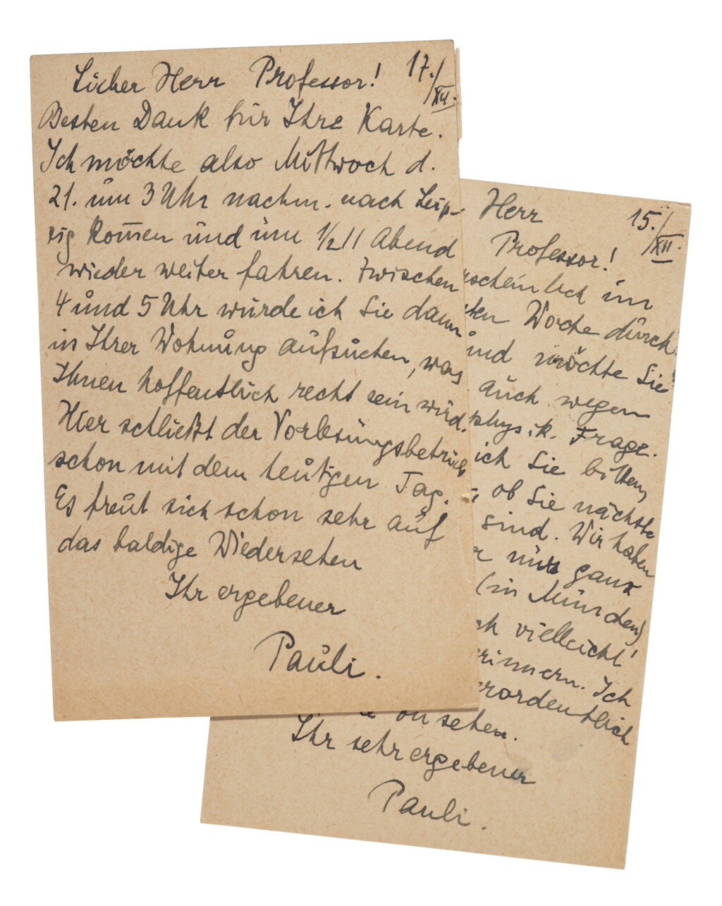 View full screen - View 1 of Lot 145. Wolfgang Pauli, Two autograph postcards addressed to Gustav Herglotz, 1921.