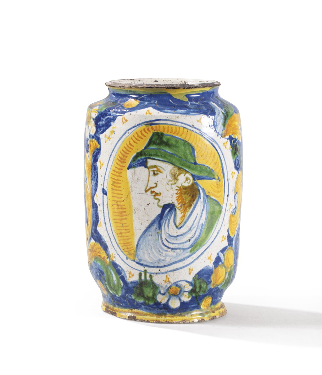 View full screen - View 1 of Lot 46. A maiolica albarello, Calabrian, Gerace, 17th century.