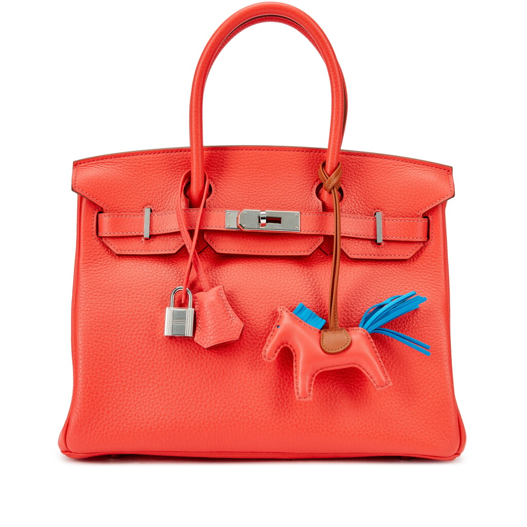 Voir en plein écran - Voir 1 du lot 1086. Rose Jaipur Clemence Birkin 30 Palladium Hardware, 2014 and Rose Texas, Bleu Zanzibar and Gold Milo Lambskin and Swift GriGri Rodeo Charm PM, 2020.