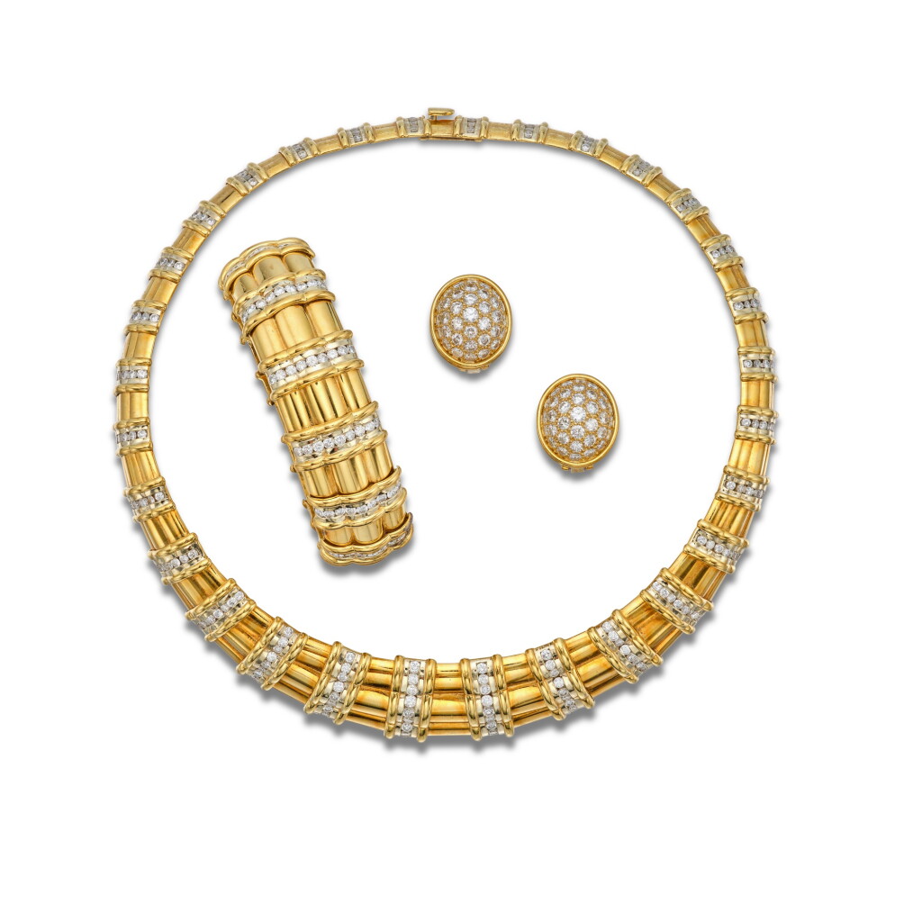 View full screen - View 1 of Lot 317. Gold and Diamond Bracelet and Pair of Earclips, Hammerman Brothers, and a Gold and Diamond Necklace.