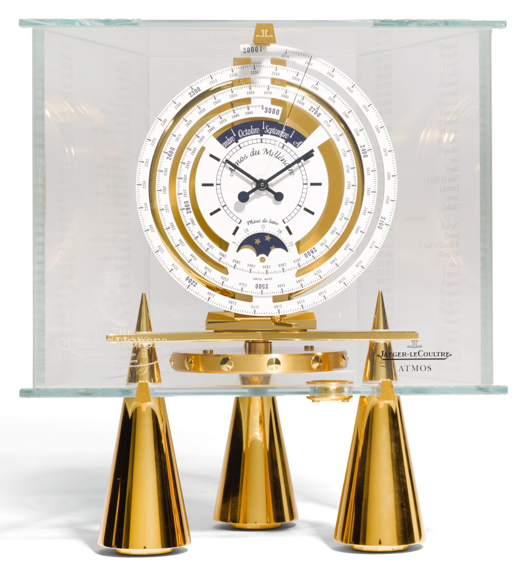 View full screen - View 1 of Lot 142. A GILT-BRASS AND ETCHED GLASS GOLDEN JUBILEE ATMOS 'MILLÉNAIRE' TIMEPIECE, LIMITED EDITION 03/50, JAEGER-LECOULTRE, SWISS, CIRCA 2002.