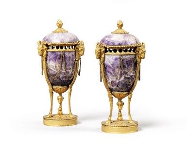 View full screen - View 1 of Lot 226. A pair of Louis XVI gilt-bronze mounted fluorspar pots-pourris urns, last quarter 18th century.