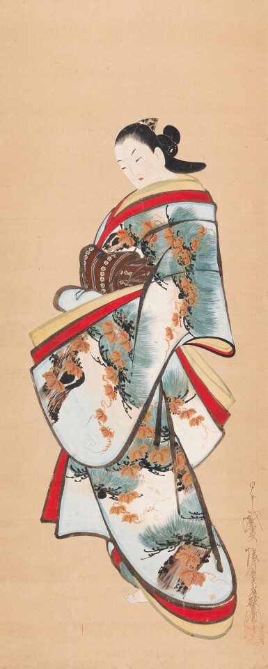 View full screen - View 1 of Lot 2092. Kaigetsudo Dohan (active circa 1710–16), Standing courtesan, Edo period, early 18th century | 懐月堂度繁 立美人図 江戸時代中期 18世紀前半.