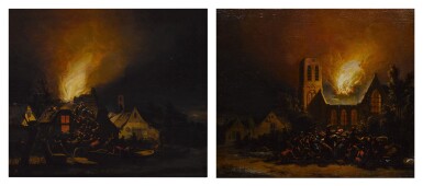 View full screen - View 1 of Lot 319. Nocturnal village fire scenes, a pair.