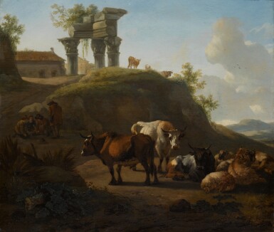 View full screen - View 1 of Lot 83. WILLEM ROMEYN | Cattle and sheep with peasants and ancient ruins beyond.