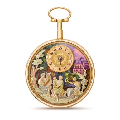 View full screen - View 1 of Lot 1388. A fine and rare gold and enamel quarter repeating watch with musical automaton work attributed to Henry Capt, playing on the hour or at will, made for the Chinese market Circa 1815, no. 20935.