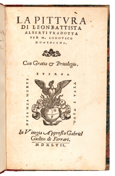 View full screen - View 1 of Lot 7. Alberti, La pittura, Venice, 1547, later half red calf.